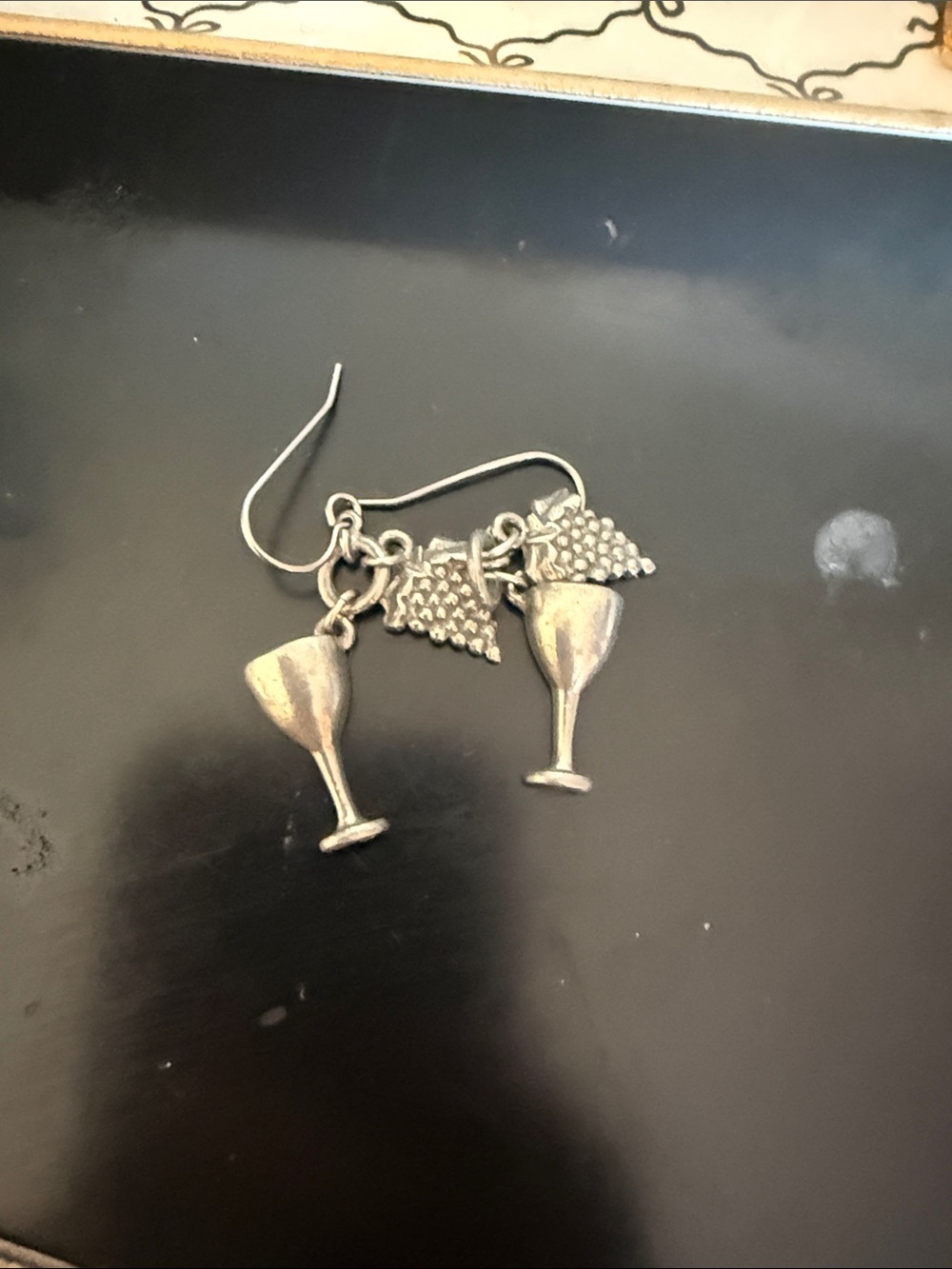 Silver Wine Glass & Grape Cluster Dangle Earrings